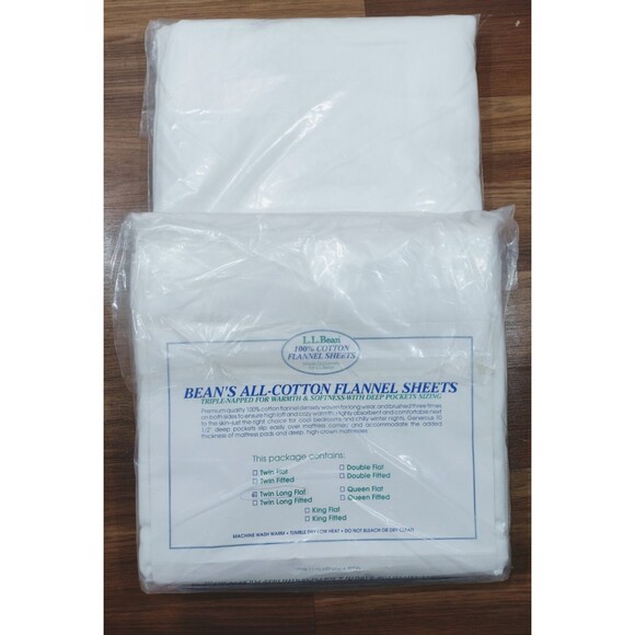 LL Bean 100% Cotton Flannel Twin Long Sheet Set White Portugal NEW In Package - Picture 2 of 9
